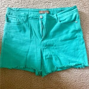 Judy Blue Bright Teal Frayed Hem Denim Shorts